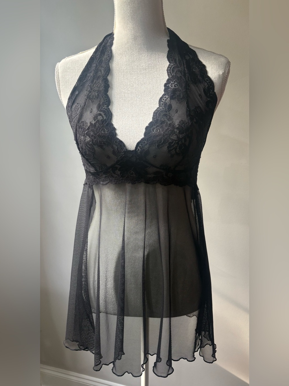 Victoria's Secret Black Lace Halter Sheer Babydoll Chemise